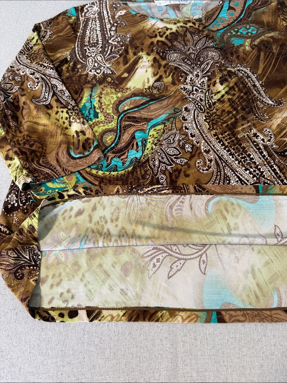 Peter Nygard Brown and Teal Paisley Animal Print 3/4 Sleeve Top SZL - Picture 14 of 14